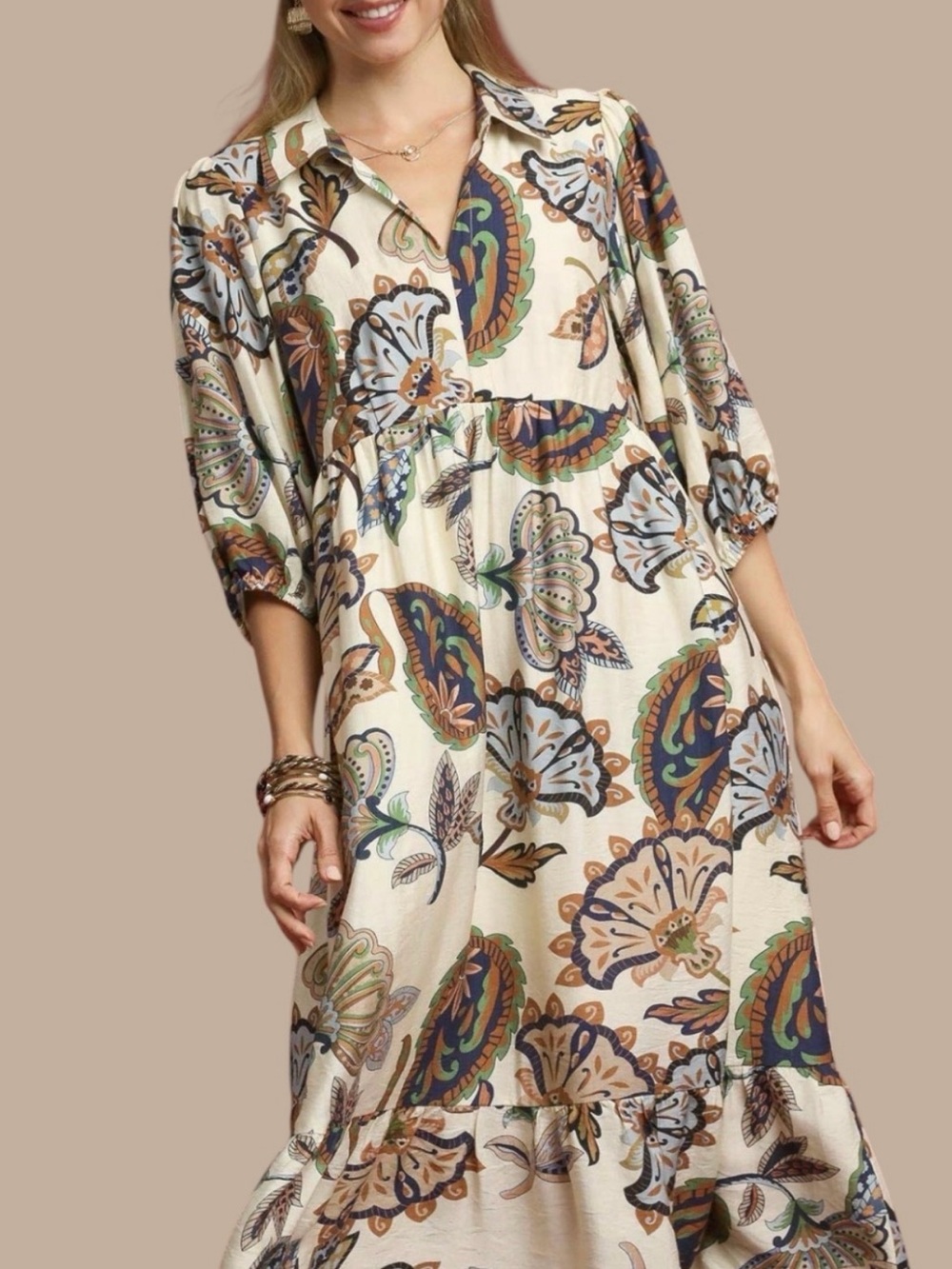 Bohemian Floral Tiered Midi Dress - Cream